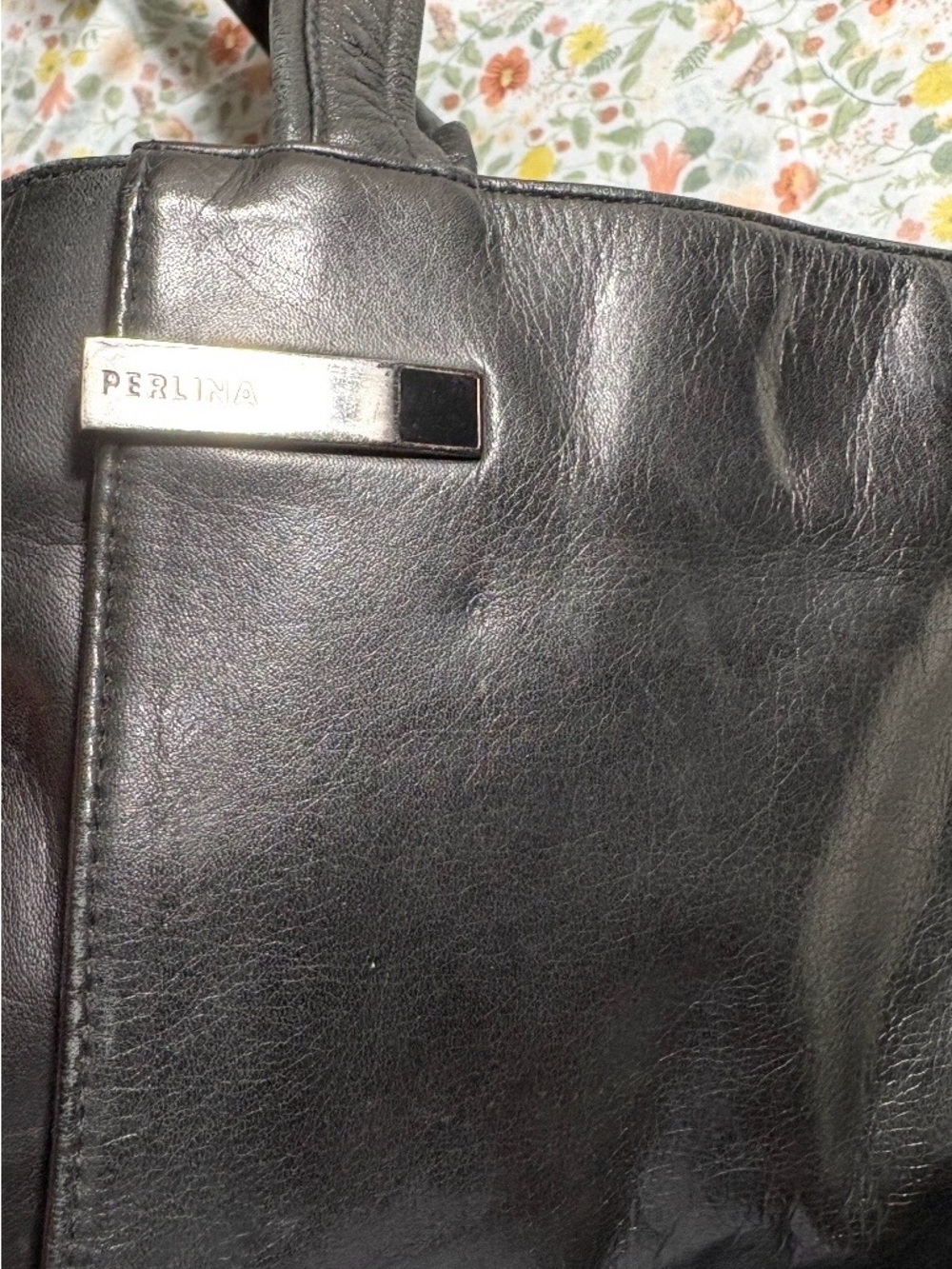 Perlina Black Leather Briefcase Tote with Metal Logo Plate